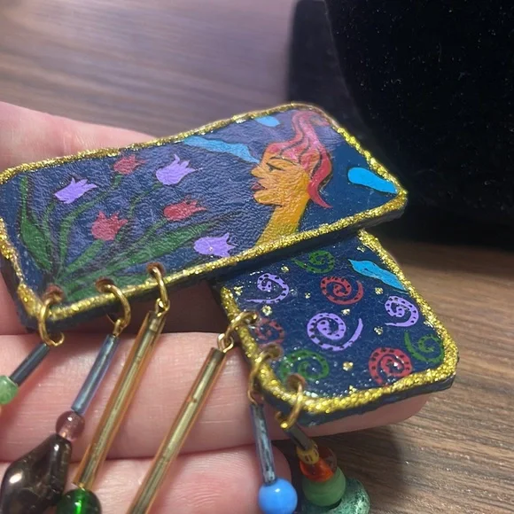 Vintage Hand Painted Genuine Leather Artisan Brooch & Earring Set
